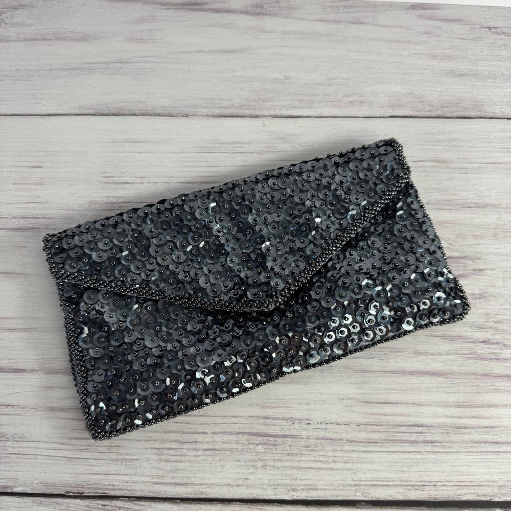 Vintage Walborg‎ Beaded Sequin Envelope Clutch Bag Gunmetal Gray Hand Made HK
